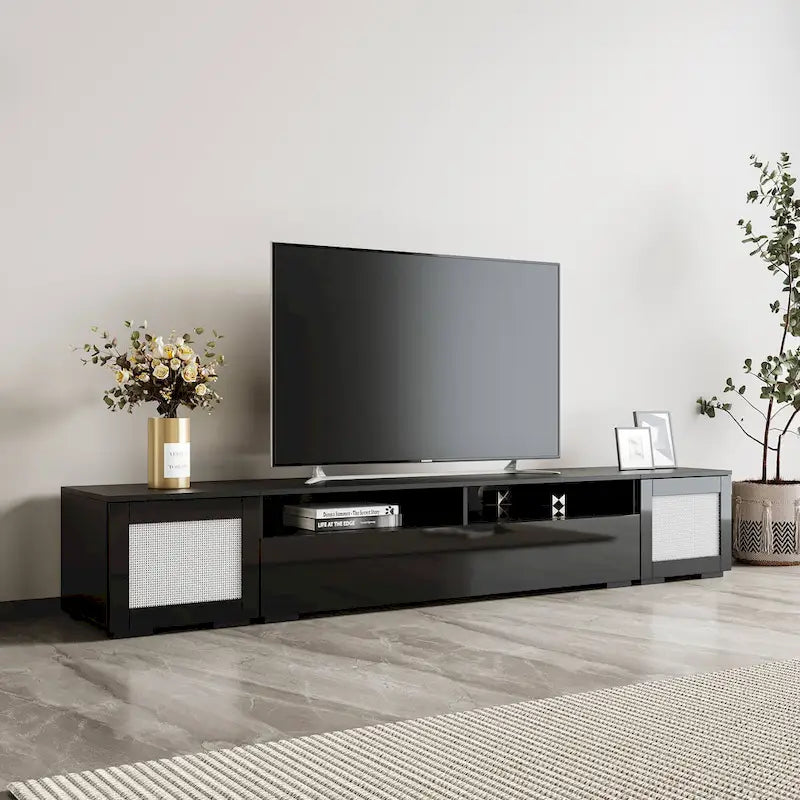 Black 82.6 TV Stand with Push-Open Doors & LED for 90 TVs