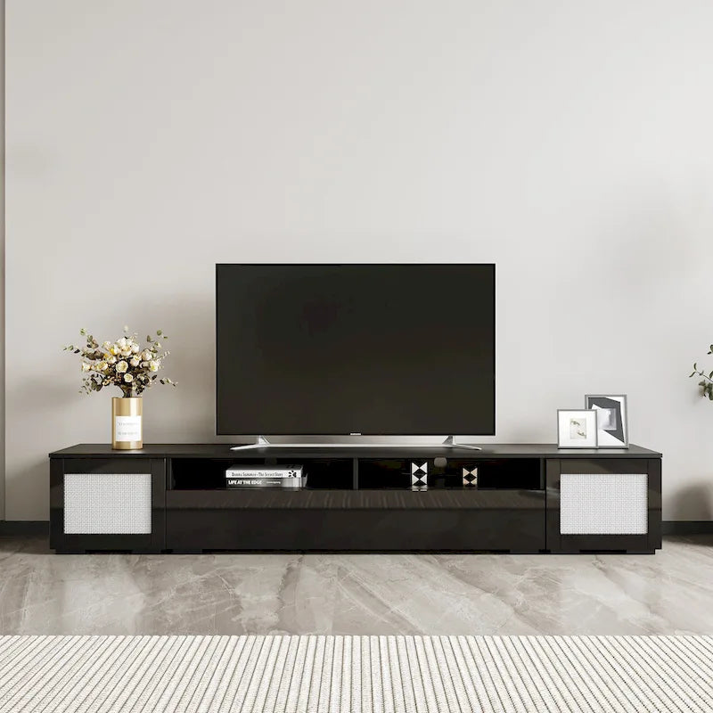 Black 82.6 TV Stand with Push-Open Doors & LED for 90 TVs