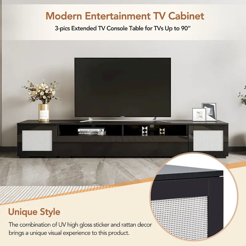 Black 82.6 TV Stand with Push-Open Doors & LED for 90 TVs