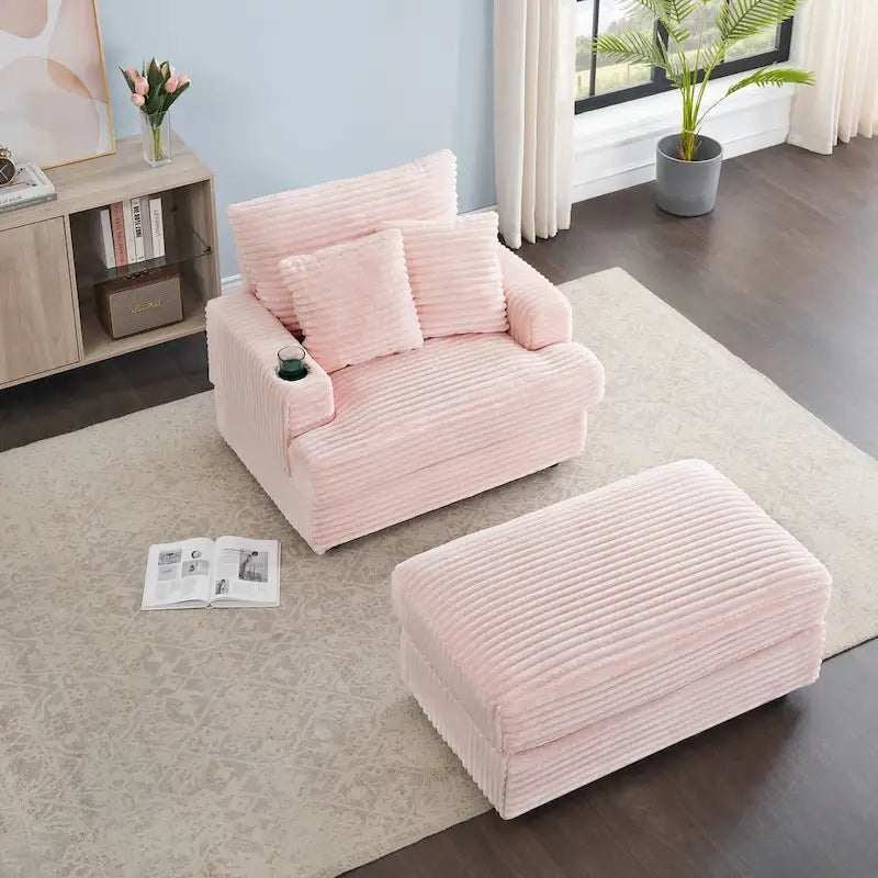 Pink 39.37 Corduroy Single Armchair Sofa with Ottoman, Cup Holder