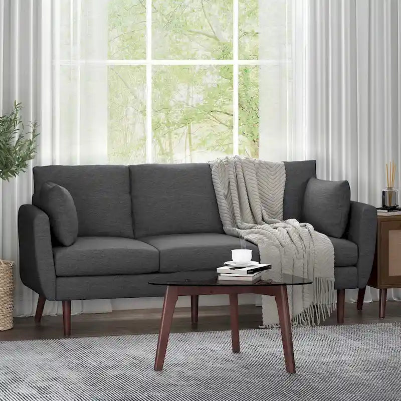 3-Seater Sofa with Pillow-Back Design and Birchwood Legs, Charcoal Fabric