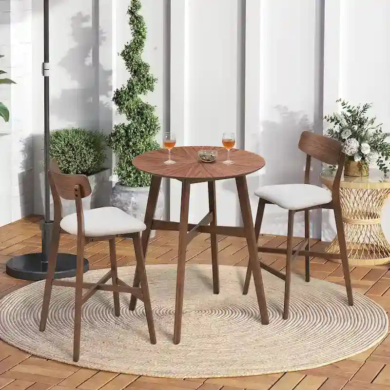 Modern 3-Piece Dining Set with Round Wood Table and 2 Solid Wood Upholstered Bar Stools for Dining Room Bar and Living Room