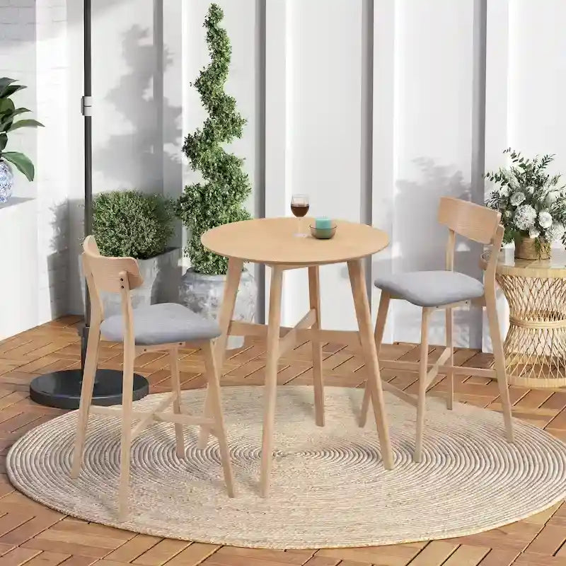 Modern 3-Piece Dining Set with Round Wood Table and 2 Solid Wood Upholstered Bar Stools for Dining Room Bar and Living Room