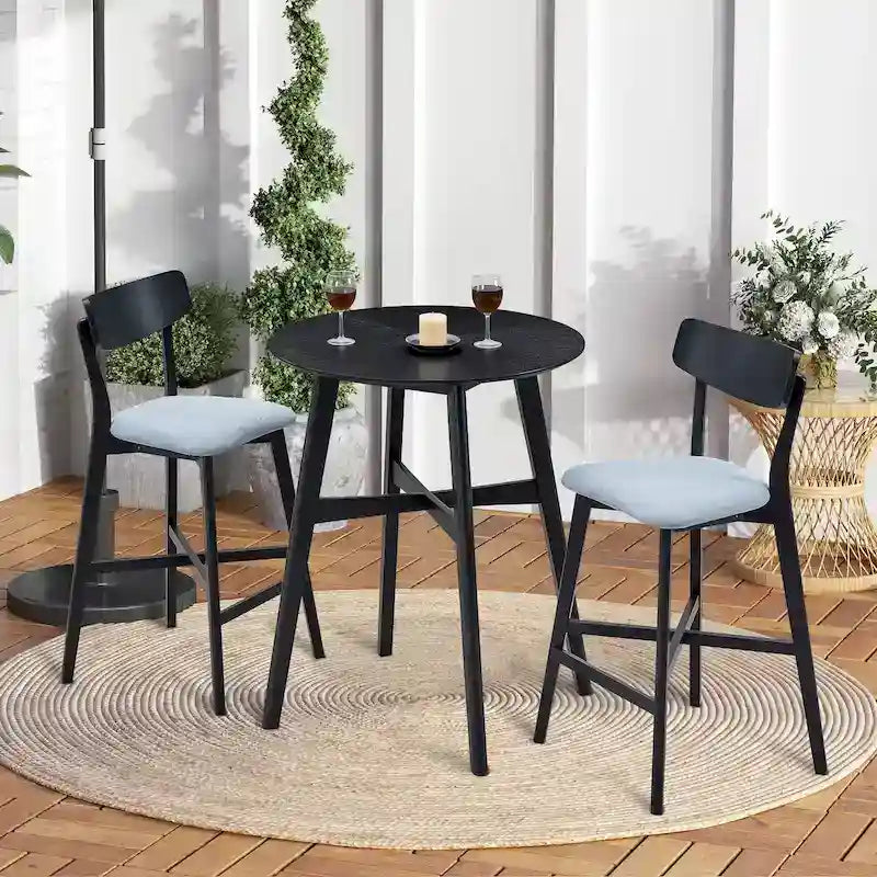 Modern 3-Piece Dining Set with Round Wood Table and 2 Solid Wood Upholstered Bar Stools for Dining Room Bar and Living Room