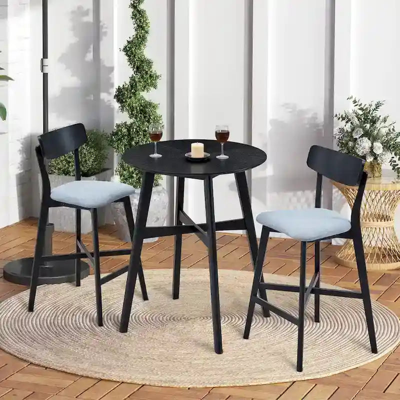 Modern 3-Piece Dining Set with Round Wood Table and 2 Solid Wood Upholstered Bar Stools for Dining Room Bar and Living Room