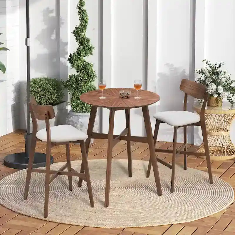 Modern 3-Piece Dining Set with Round Wood Table and 2 Solid Wood Upholstered Bar Stools for Dining Room Bar and Living Room