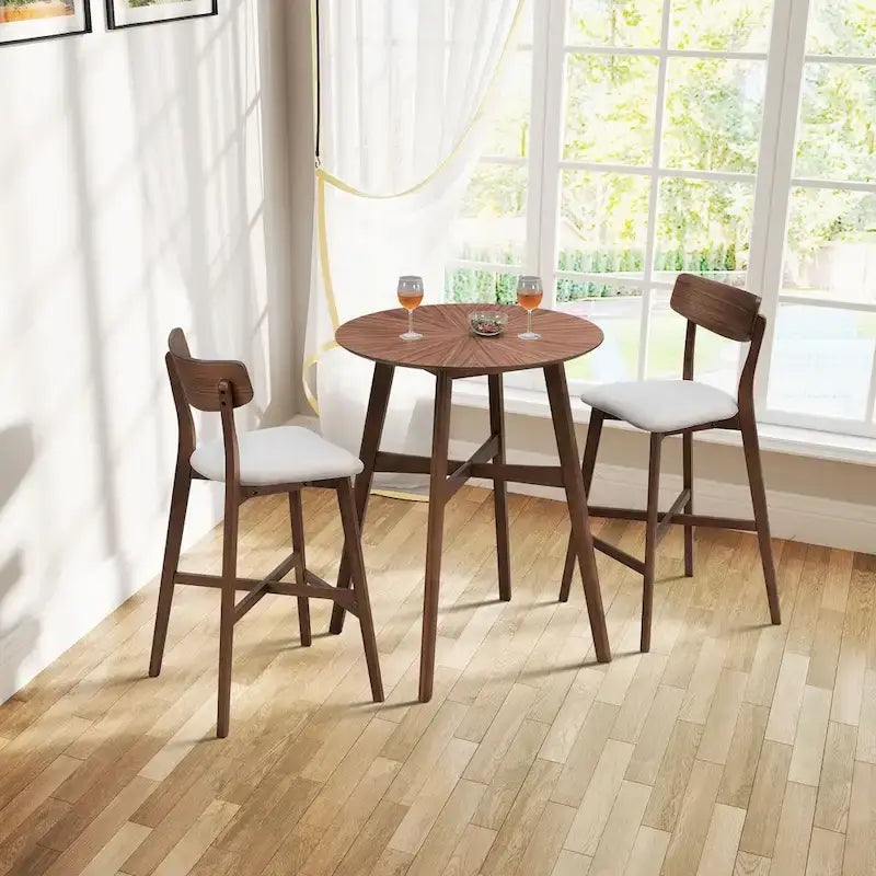 Modern 3-Piece Dining Set with Round Wood Table and 2 Solid Wood Upholstered Bar Stools for Dining Room Bar and Living Room