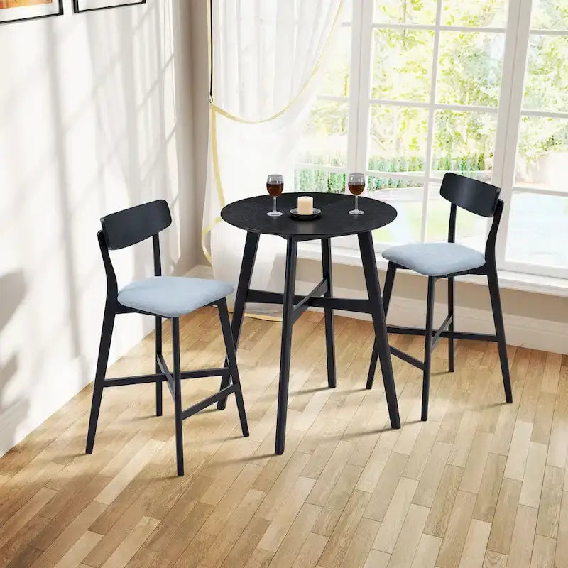 Modern 3-Piece Dining Set with Round Wood Table and 2 Solid Wood Upholstered Bar Stools for Dining Room Bar and Living Room