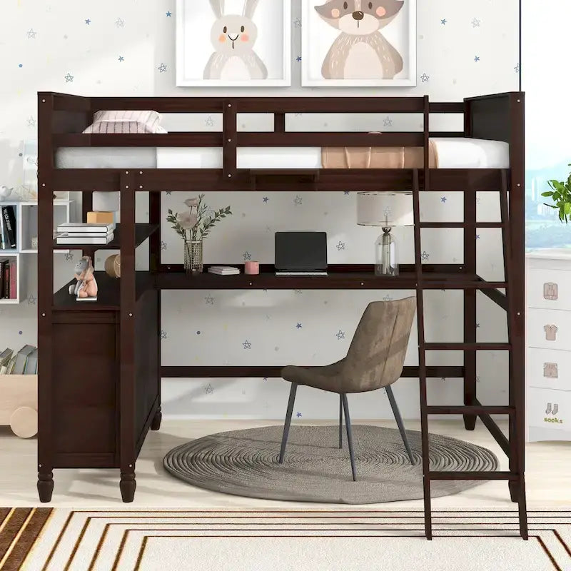 Full size Loft Bed with Drawers and Desk, Wooden Loft Bed with Shelves