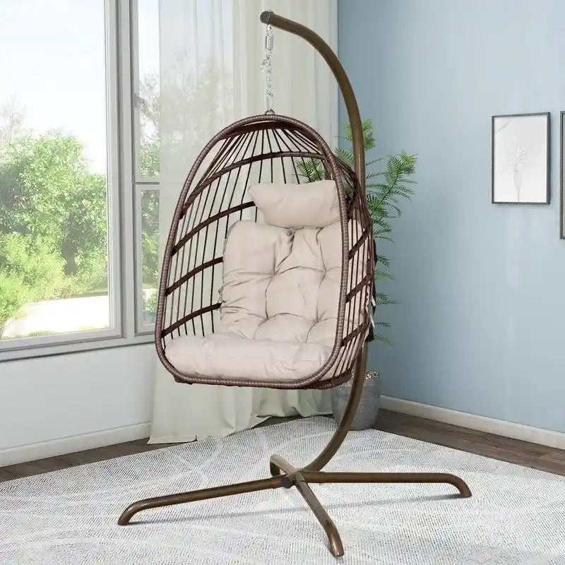 FINCATI Indoor Egg Swing Chair with Stand, 350 lbs Hanging Egg Chair with Stand, Outdoor Patio Wicker Hammock with Stand