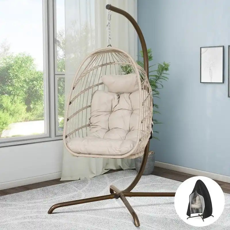 FINCATI Indoor Egg Swing Chair with Stand, 350 lbs Hanging Egg Chair with Stand, Outdoor Patio Wicker Hammock with Stand