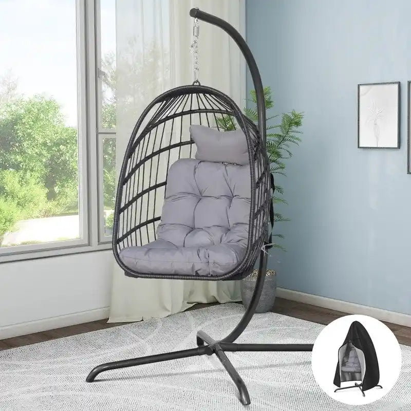FINCATI Indoor Egg Swing Chair with Stand, 350 lbs Hanging Egg Chair with Stand, Outdoor Patio Wicker Hammock with Stand