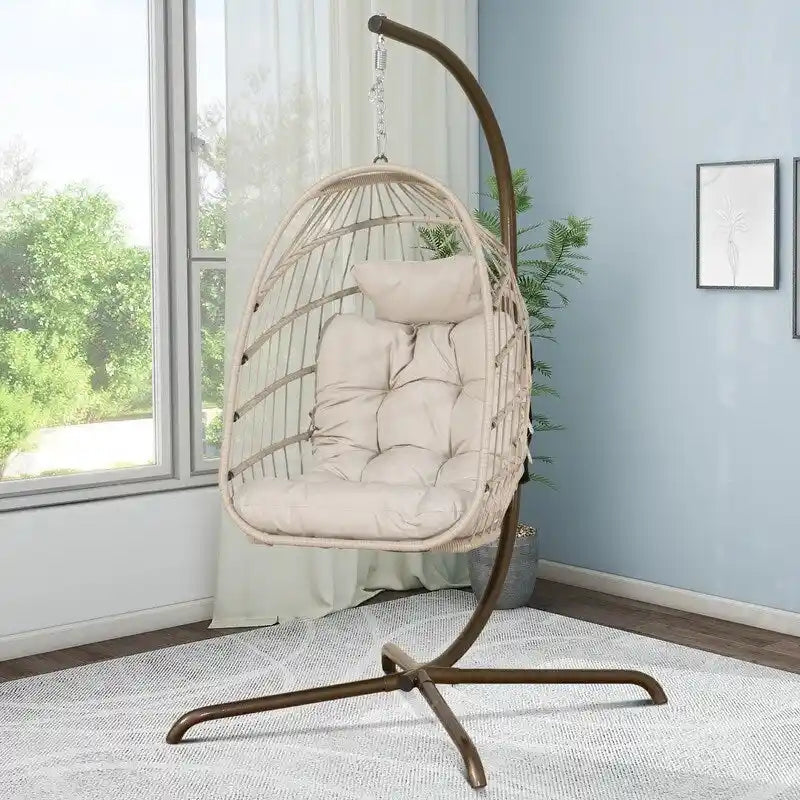 FINCATI Indoor Egg Swing Chair with Stand, 350 lbs Hanging Egg Chair with Stand, Outdoor Patio Wicker Hammock with Stand