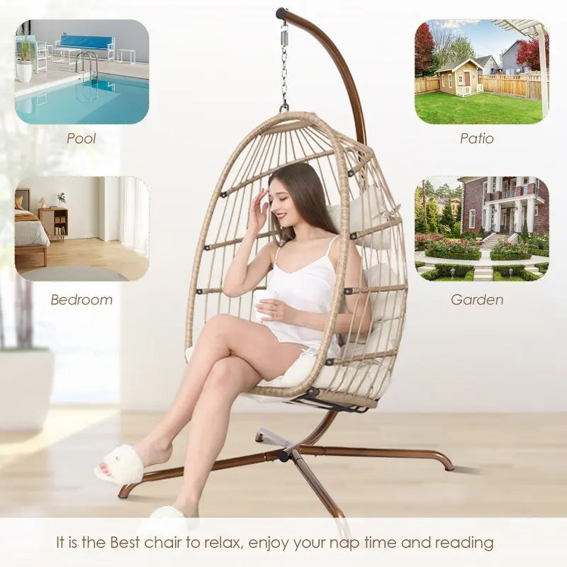 FINCATI Indoor Egg Swing Chair with Stand, 350 lbs Hanging Egg Chair with Stand, Outdoor Patio Wicker Hammock with Stand