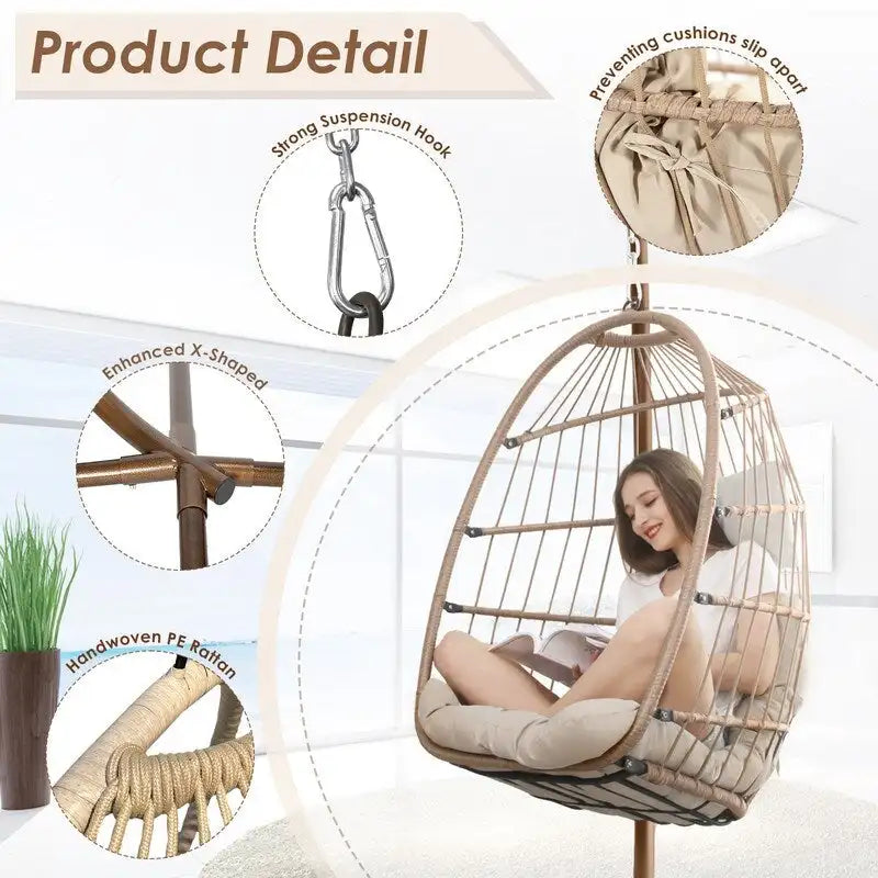 FINCATI Indoor Egg Swing Chair with Stand, 350 lbs Hanging Egg Chair with Stand, Outdoor Patio Wicker Hammock with Stand