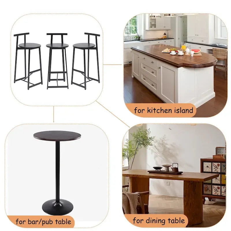 27H Barstool Set of 3 Wooden Round Bar Stools with Footrest, Easy Assembly, for Dining Room, Kitchen