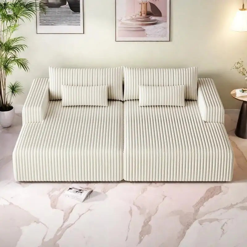 102 Corduroy Cloud Chaise Sectional with Reclining Sofa Bed, No-Assembly Design & Ergonomic Backrest