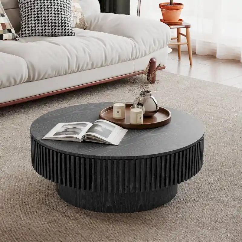 Modern Solid Wood Veneered Round Coffee Tea Table with Storage