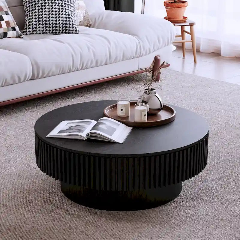 Modern Solid Wood Veneered Round Coffee Tea Table with Storage