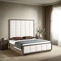 Lyni King Size Bed, Grid Tufted Headboard, Ivory Upholstery, Oak Brown