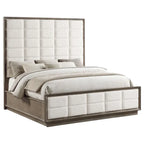 Lyni King Size Bed, Grid Tufted Headboard, Ivory Upholstery, Oak Brown