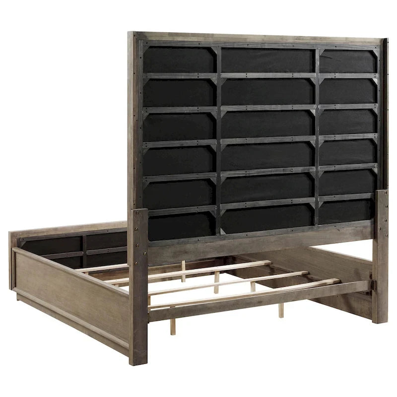 Lyni King Size Bed, Grid Tufted Headboard, Ivory Upholstery, Oak Brown