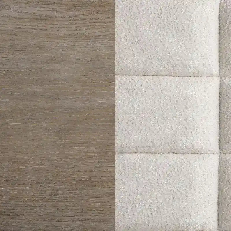 Lyni King Size Bed, Grid Tufted Headboard, Ivory Upholstery, Oak Brown