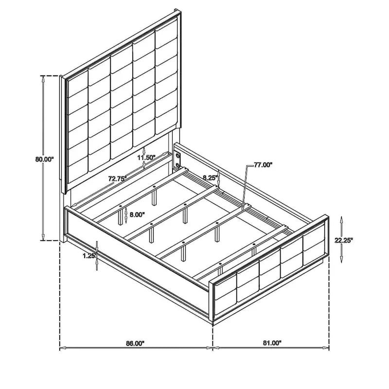 Lyni King Size Bed, Grid Tufted Headboard, Ivory Upholstery, Oak Brown