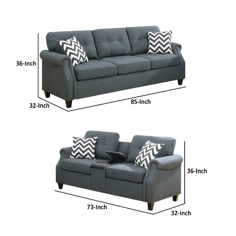 Modern 2 Piece Sofa Set, Loveseat and Pillows, USB Console, Cupholder, Gray