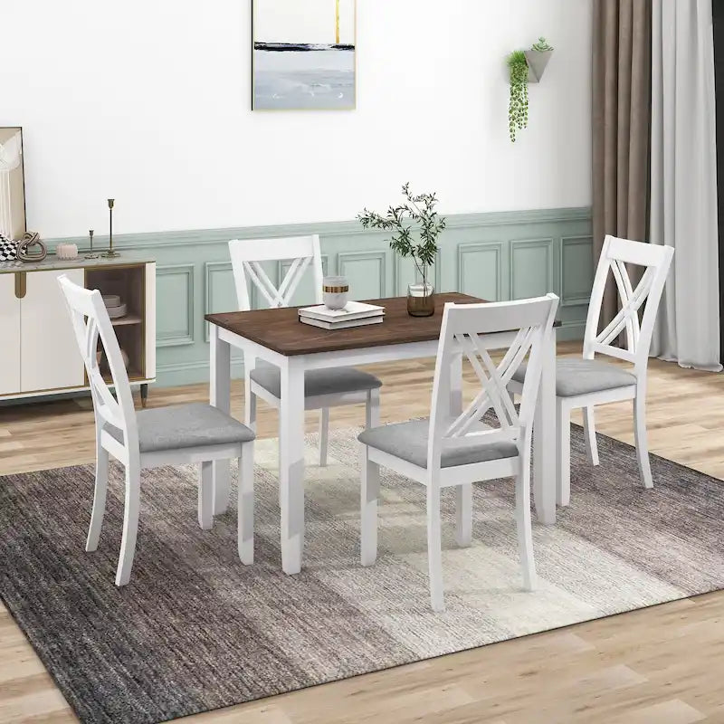 5 Piece Wood Table and Chair Set, Kitchen Dining Table Set for 4 with Rectangle Table and 4 X-Back Upholstered Chairs