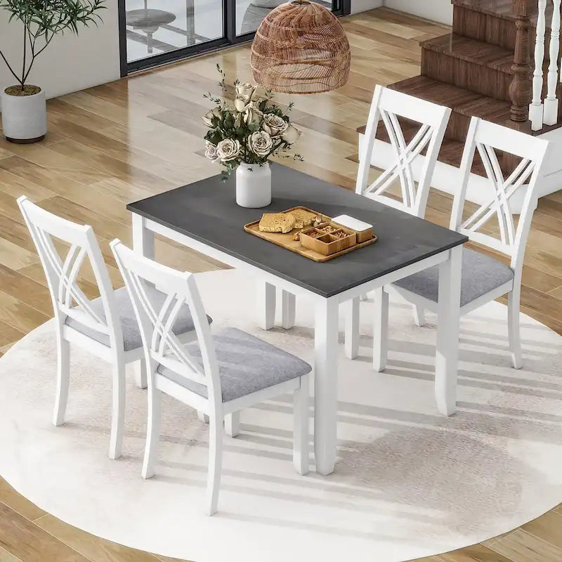 5 Piece Wood Table and Chair Set, Kitchen Dining Table Set for 4 with Rectangle Table and 4 X-Back Upholstered Chairs