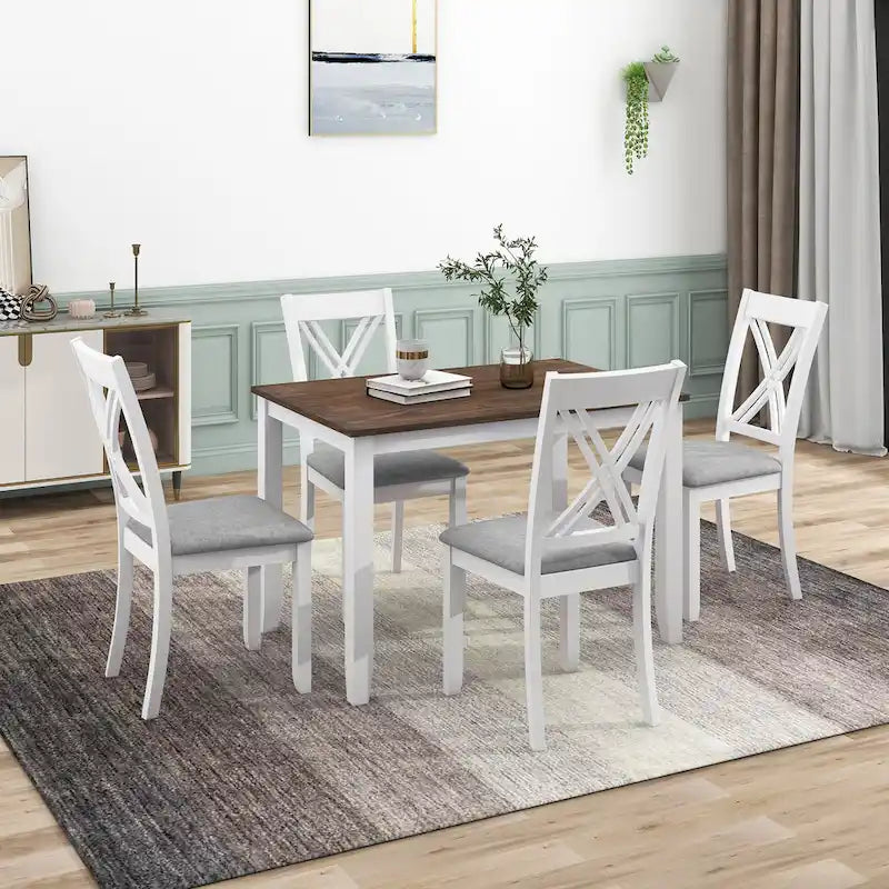 5 Piece Wood Table and Chair Set, Kitchen Dining Table Set for 4 with Rectangle Table and 4 X-Back Upholstered Chairs