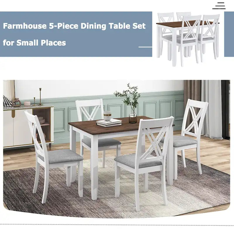 5 Piece Wood Table and Chair Set, Kitchen Dining Table Set for 4 with Rectangle Table and 4 X-Back Upholstered Chairs