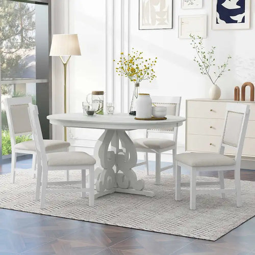 5 Piece Kitchen Dining Table Set, Wood Round Extendable Table Set with Leaf and 4 Upholstered Chairs with Decorative Nails