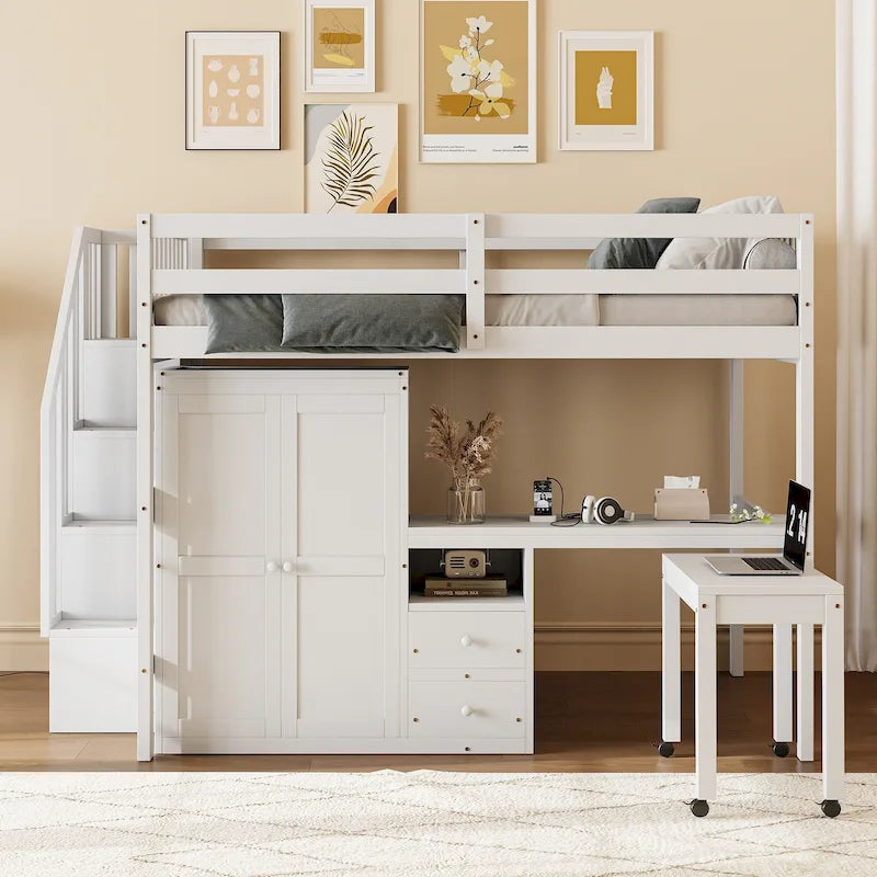 Full Size Loft Bed with Stairs, Bookshelf, Desk & Wardrobe - Space-Saving Multifunctional Furniture for Kids & Teens-White