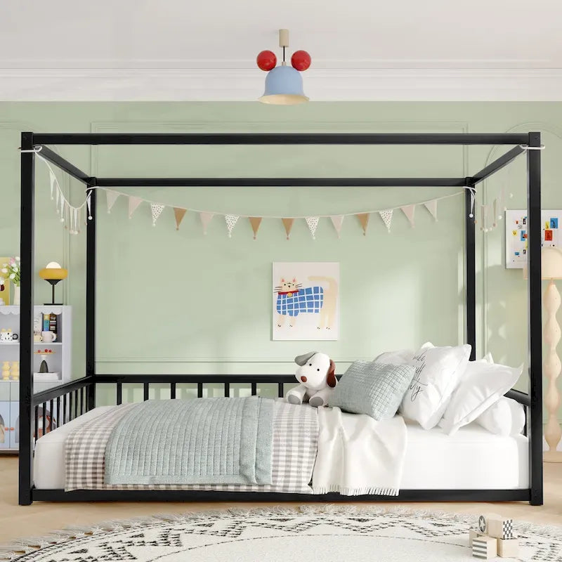 Modern Iron Double-Size Floor Bed with Multi-Functional Guardrails and Stable Structure