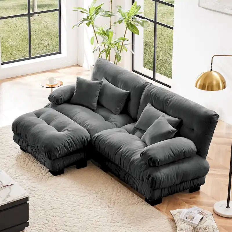 L Shaped Loveseat Sofa Chenille Sectional Couch with Lumbar Pillows