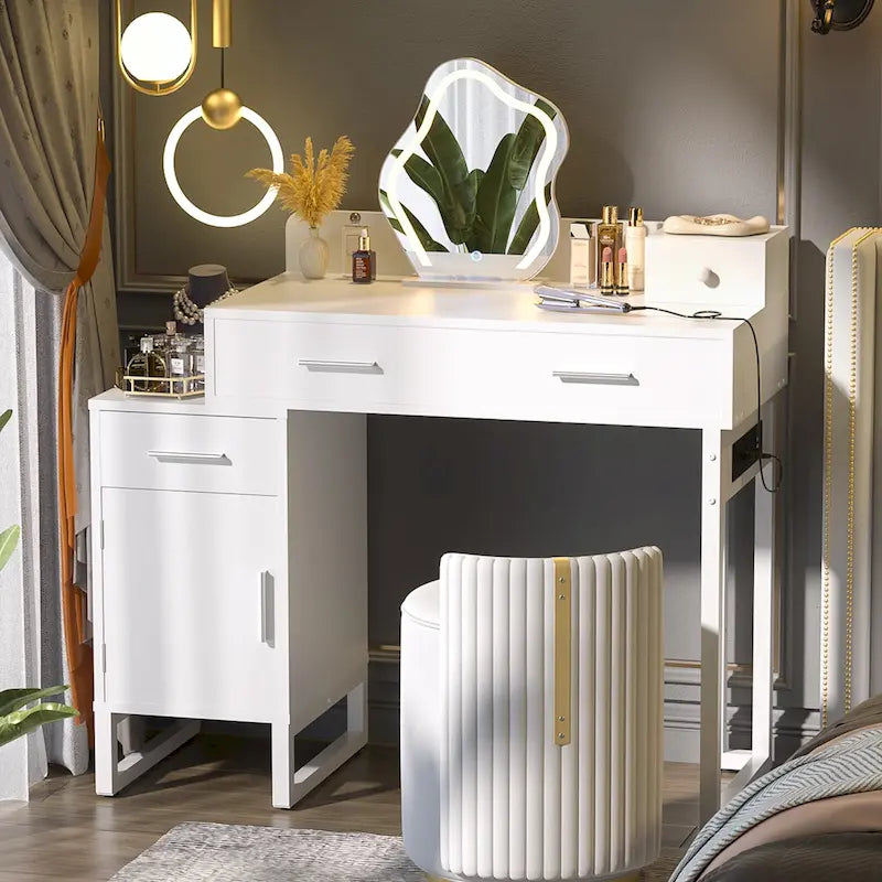 Vanity Desk with 4 Storage Drawers,Modern Makeup Vanity Table with Charging Station