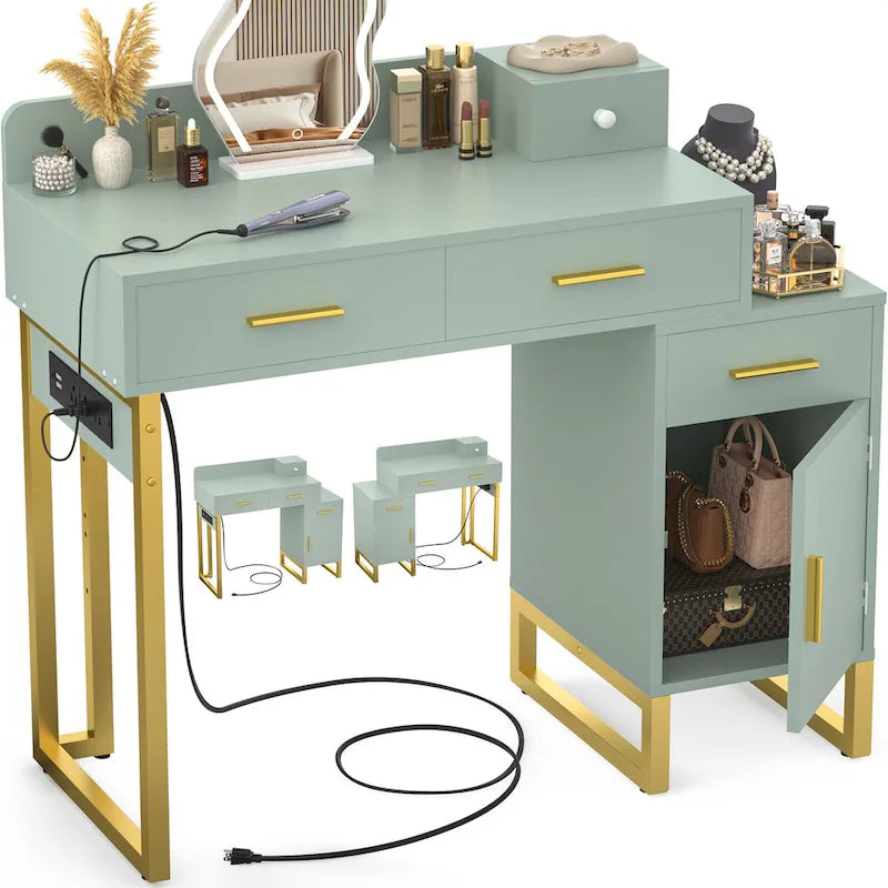 Vanity Desk with 4 Storage Drawers,Modern Makeup Vanity Table with Charging Station