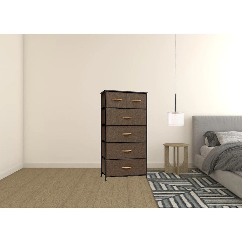 23 Brown Steel and Fabric Six Drawer Combo Dresser