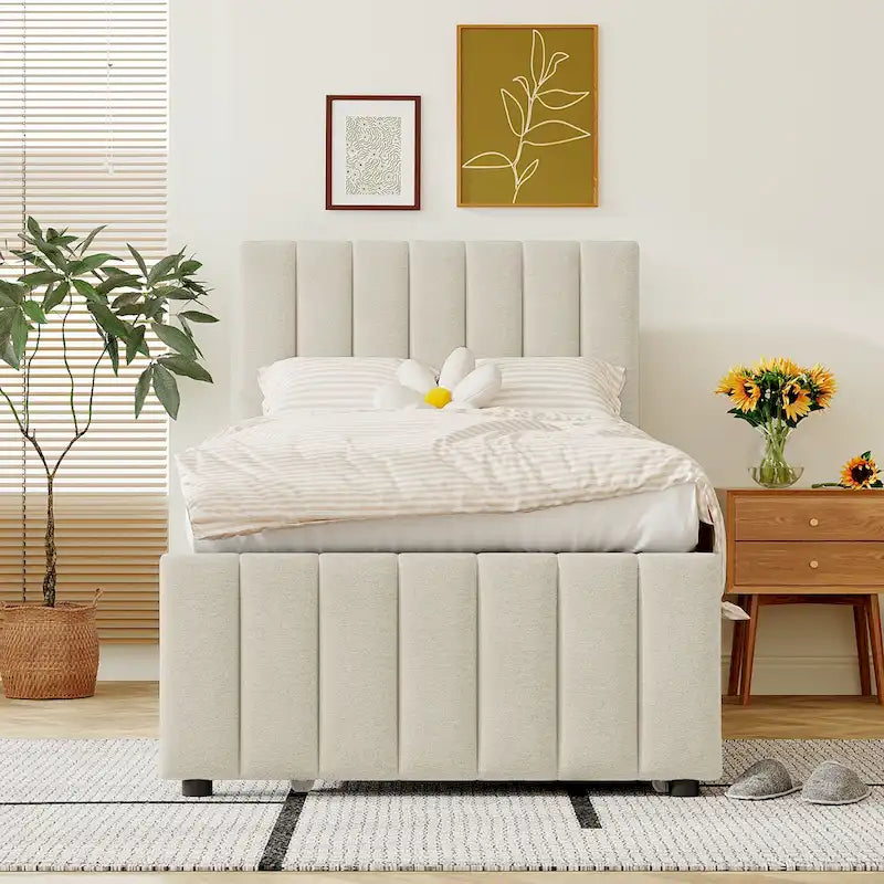 Linen Fabric Upholstered Platform Bed with Stripe Headboard & Footboard, Pull-out Trundle Bed & 3 Drawers, Wood Panel Bed