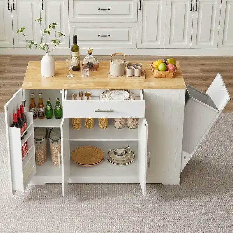 53-Inch Kitchen Storage Island with Drawers & Built-In Trash Bin  Modern Farmhouse Design for Kitchen & Dining.