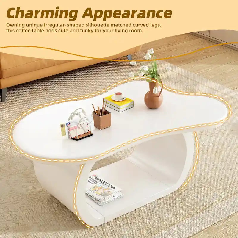 Modern Cloud Coffee Table with 1.5 Thick Tabletop,Cream Style Irregular End Table with Curved Legs,Unique Design Accent Table