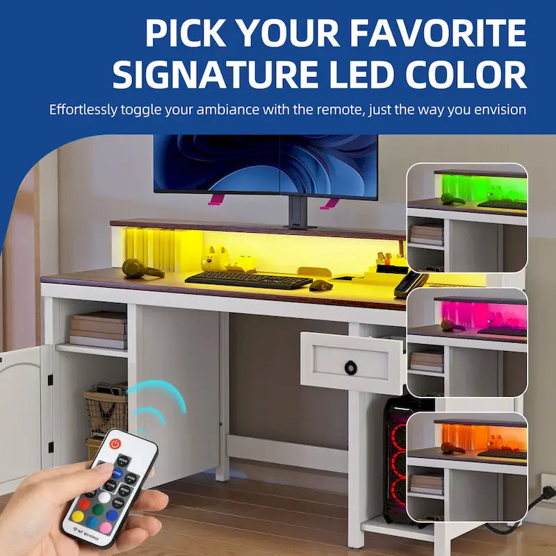 Moasis Farmhouse Wood Office Desk with Drawer and LED Strip & Power Outlets