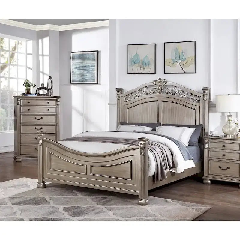 Formal Traditional Antique Silver 1pc California King Size Bed Unique Design Headboard Footboard Bedframe