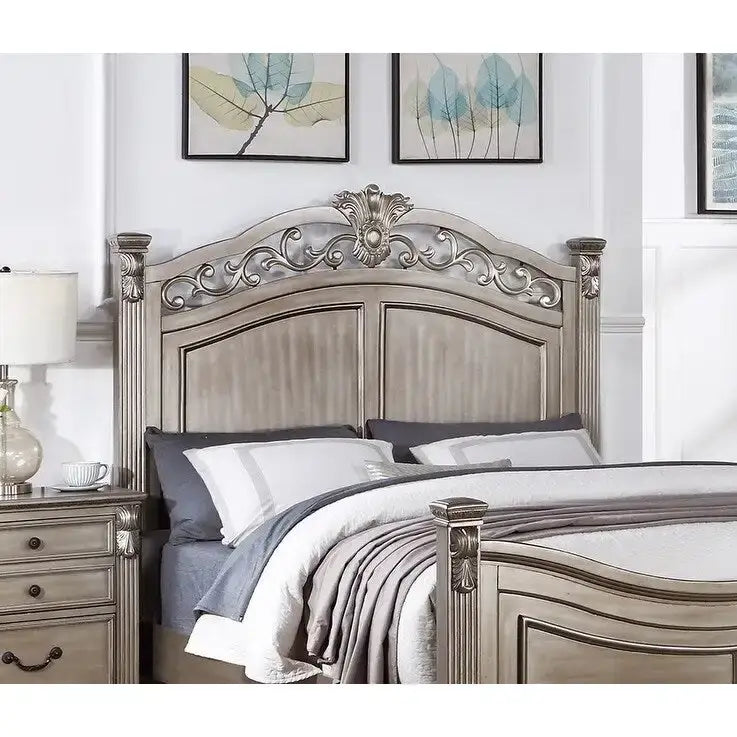 Formal Traditional Antique Silver 1pc California King Size Bed Unique Design Headboard Footboard Bedframe
