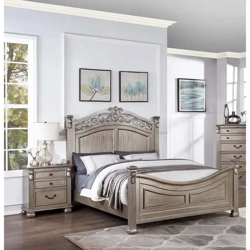 Formal Traditional Antique Silver 1pc California King Size Bed Unique Design Headboard Footboard Bedframe