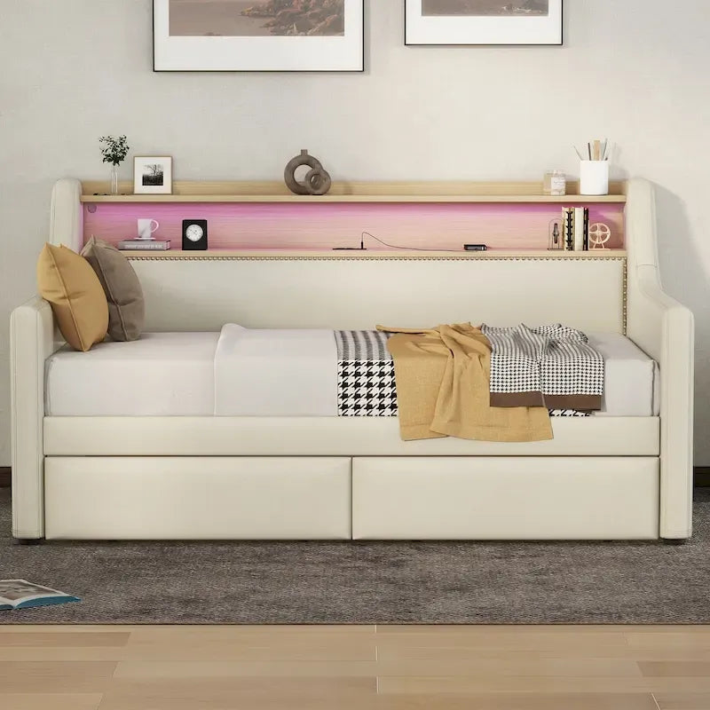 Twin Size Upholstered Daybed with Storage and LED