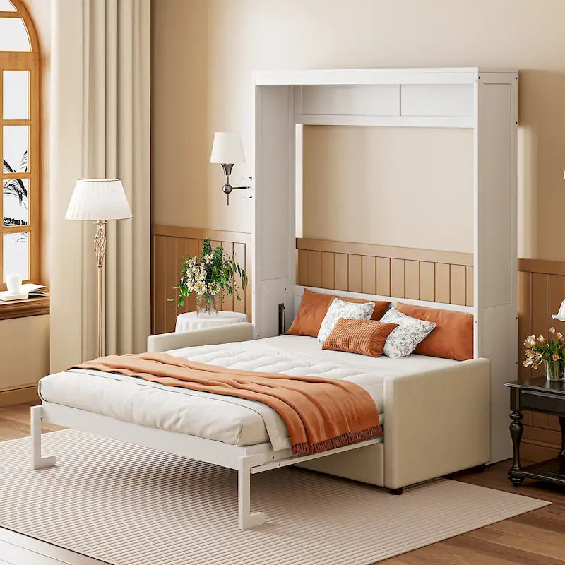 White Full Size Multifunctional Murphy Bed with Cushion and Storage