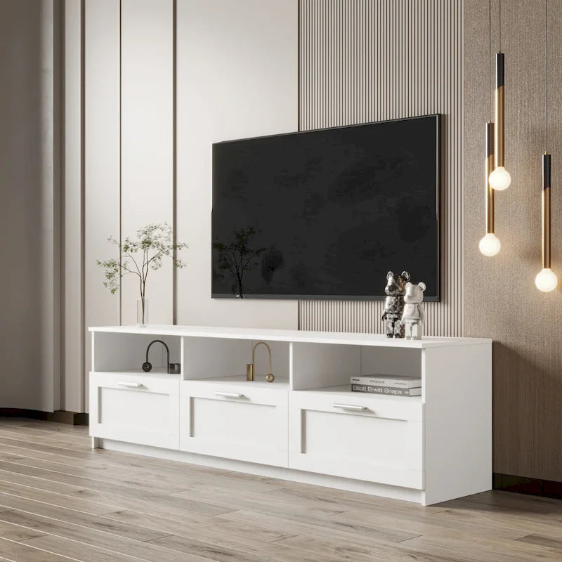 White 70 TV Stand with Open Storage & Drawers for Living Room